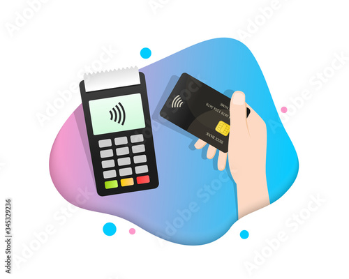 Fototapeta Contactless payment, hand holding credit or debit card close to the POS (Point Of Sale) terminal to pay