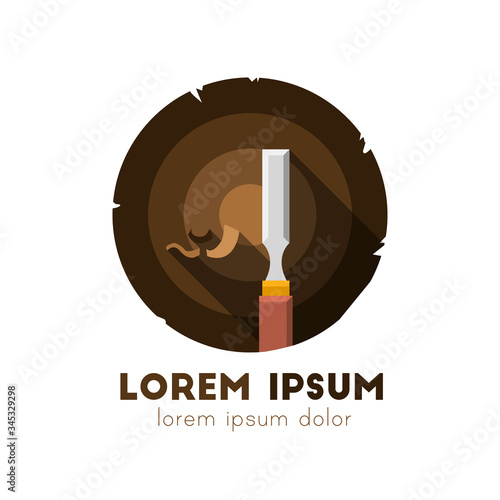 Slice of wood, cut tree with age rings and chisel as logo concept. Vector illustration in flat design isolated on white background.