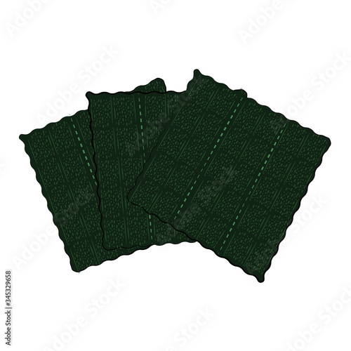 Dried nori seaweed sheets for ramen soup or sushi. Japanese food for vegans. An ingredient for Eastern cuisine. Healthy natural food. Vector illustration in cartoon style isolated on white background.