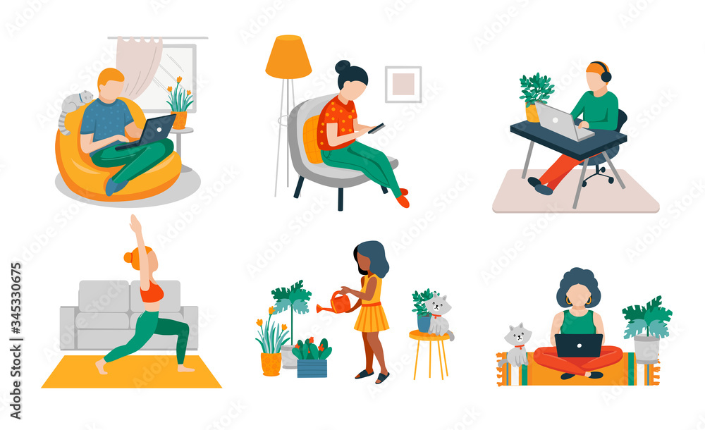 People rest and work at home. Man and woman freelancers working on computers and engaged in a daily routine. Quarantine. Vector flat illustration.