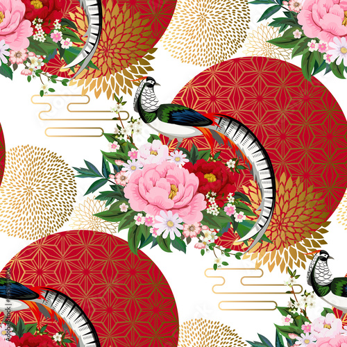 Beautiful seamless pattern with diamond pheasant sitting on peony branch with blooming sakura,plum and daisies for summer dress in Chinese style