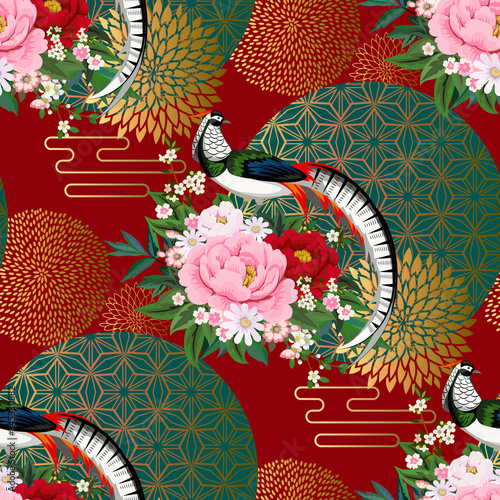 Beautiful seamless pattern with diamond pheasant sitting on peony branch with blooming sakura,plum and daisies for summer dress in Chinese style