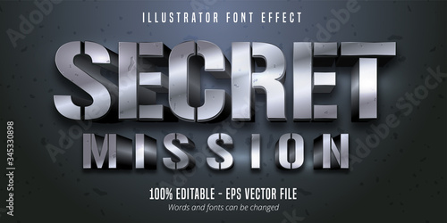 Secret Mission text, 3d silver metallic style editable font effect