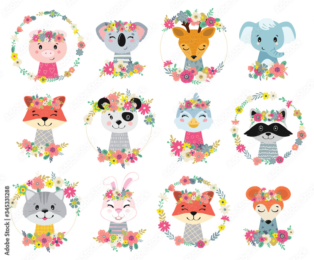 Plakat Illustrations with flowers and animals. Vector child decoration. Background illustration for kids.
