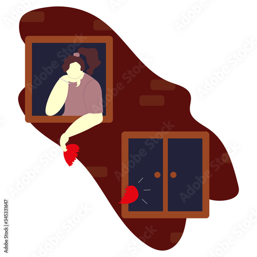 Unrequited love in the distance. Beautiful girl in window with a broken heart at night dreams of love and reciprocity. Rejected feelings. Vector flat illustration. Growing up and youthful problems.