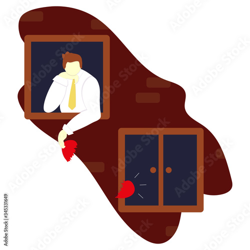Unrequited love in the distance. Young guy in window with a broken heart at night dreams of love and reciprocity. Rejected feelings. Vector flat illustration. Growing up and youthful problems.