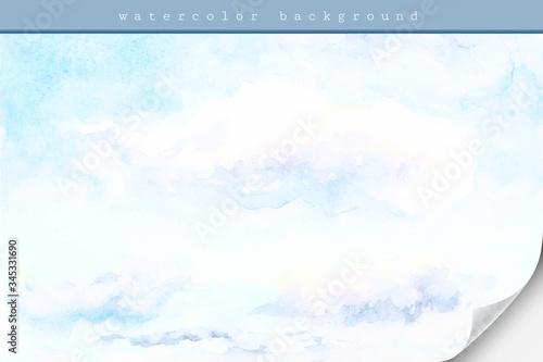 Blue sky and clouds, hand painted abstract watercolor background with curled paper corner