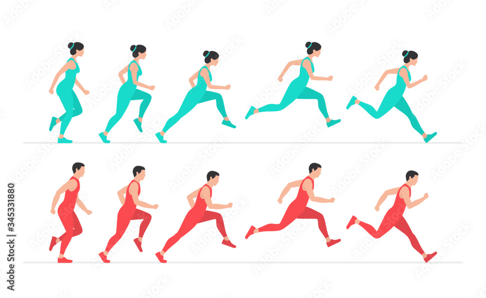 Woman and Man Run cycle animation sprite sheet. Flat Style. isolated on white background