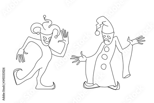 Theatre actors in roles. Harlequin, Pierrot on stage in a theatrical masks of tragedy & comedy. Vector illustration with black contour lines isolated on a white background in cartoon, hand drawn style