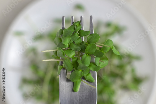 Metal fork with fresh microgreens above a plate. Top view. Selective focus, close-up.