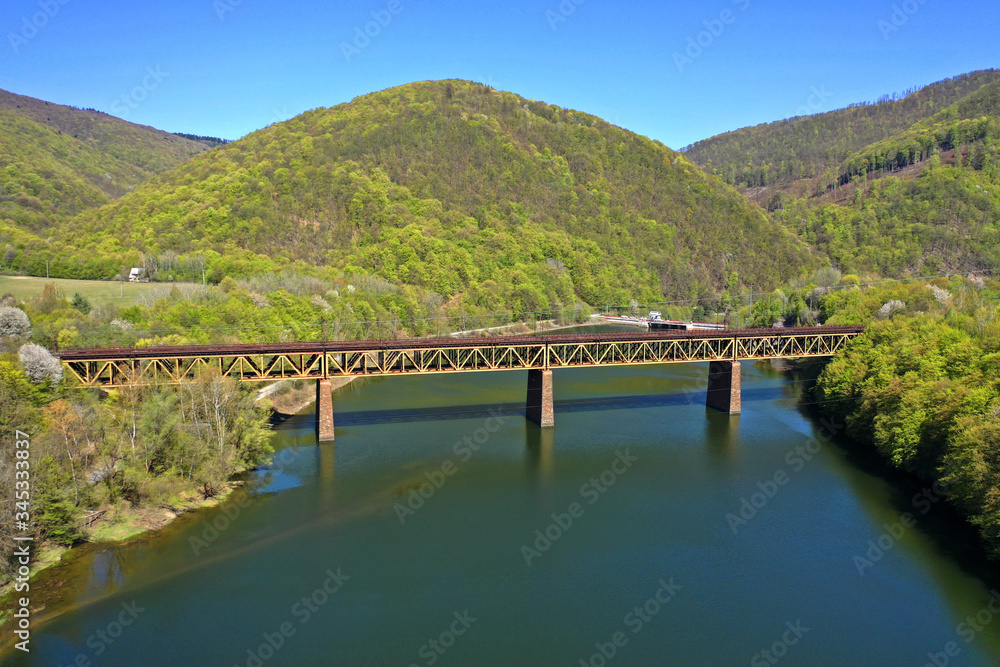 Aerial View Of Railway Bridge And Water Reservoir Ruzin In Slovakia