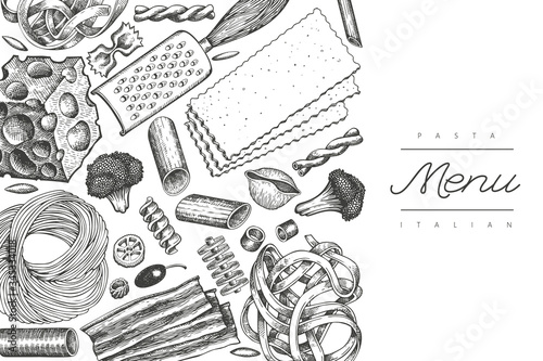 Italian pasta with additions design template. Hand drawn vector food illustration. Engraved style. Vintage pasta different kinds background.