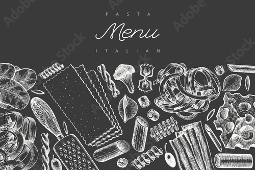 Italian pasta with addition design template. Hand drawn vector food illustration on chalk board. Engraved style. Retro pasta different kinds background.
