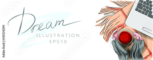 Vector illustration. Top view of a laptop standing on a plaid. The girl is drinking tea. The concept of work at home, freelance. Online business. Successful freelancer girl.