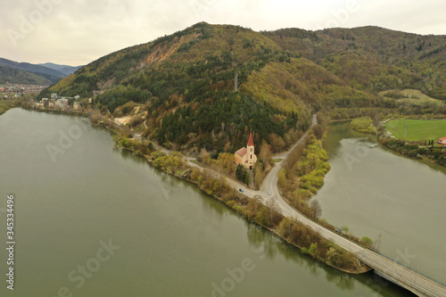 Aerial view of the church in the village of Margecany in Slovakia photo