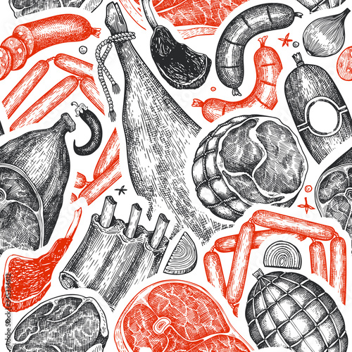 Vintage vector meat products seamless pattern. Hand drawn ham, sausages, jamon, steak, spices and herbs. Raw food ingredients. Retro illustration. Can be use for label, restaurant menu.