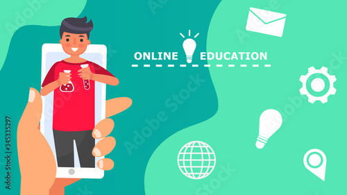 Students learn online education type educational instruction that is delivered via the internet to students using their home computer Cartoon character Vector illustration.