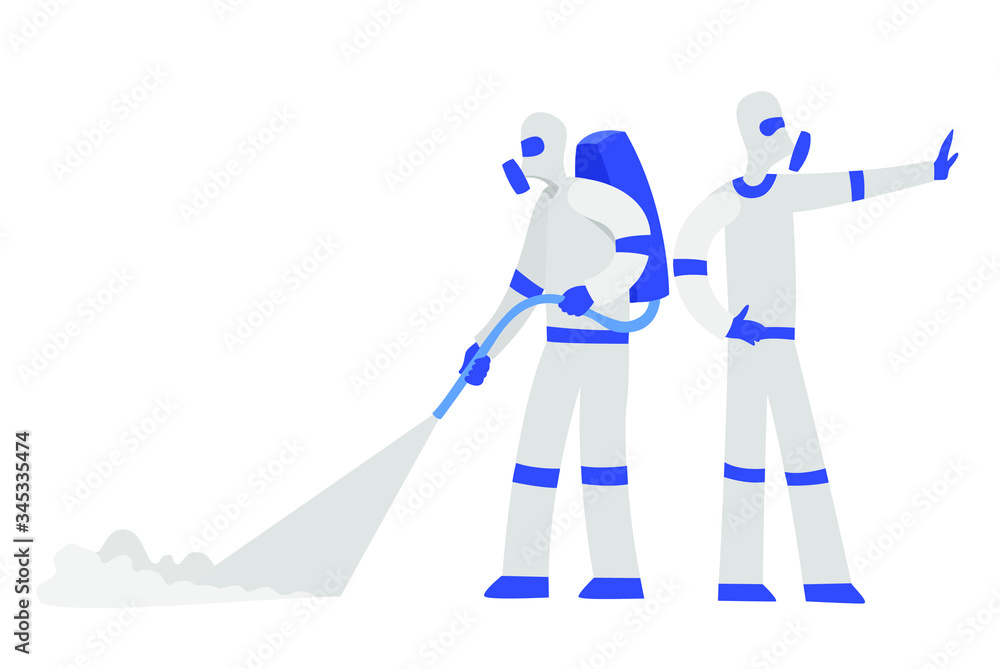 Street disinfection, a person pours the street with a special solution. vector illustration. coronavirus Street disinfection, a person pours the street with a special solution. vector illustration. coronavirus