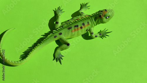  Iguana on a green background. Toys for kids. Play with children. Copy space. Horizontal format.