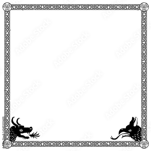 Square medieval frame with Viking or Celtic knots and dragons in the corners. Can represent the Middle Ages, a fantasy tale, a role-playing game, an ancient manuscript, heraldry, etc.
