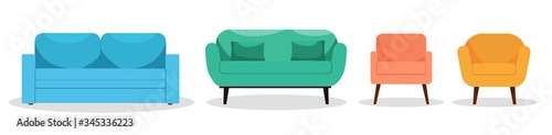 Set of bright beautiful armchairs and sofas on high legs on an isolated white background. Logo, icon, concept for interior design and web page. Modern design. Flat style. Vector illustration.