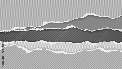 Pieces of torn grey squared paper with soft shadow stuck on black background. Vector illustration