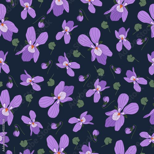 Seamless vector illustration. Violets with leaves on a dark background. Printing on fabric and wallpaper. Cover for notebook