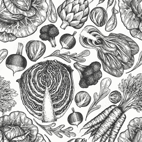 Hand drawn sketch vegetables. Organic fresh food vector seamless pattern. Retro vegetable background. Engraved style botanical illustrations.