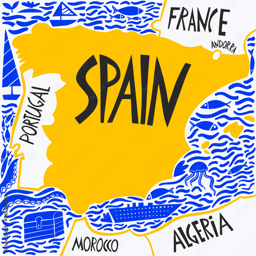 Fototapeta premium Vector hand drawn stylized map of Spain. Travel illustration of Spain Kingdom and neighboring countries. Hand drawn lettering illustration. Europe map element