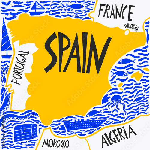 Vector hand drawn stylized map of Spain. Travel illustration of Spain Kingdom and neighboring countries. Hand drawn lettering illustration. Europe map element