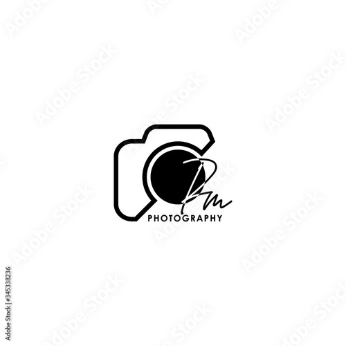 Initial Letter PM with camera. Logo photography simple luxury vector.