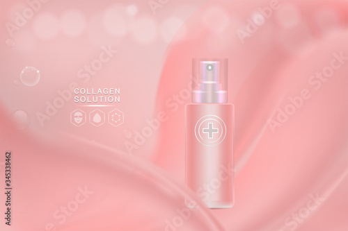 Beauty product ad design, pink cosmetic container with collagen solution advertising background ready to use, luxury skin care banner, illustration vector.