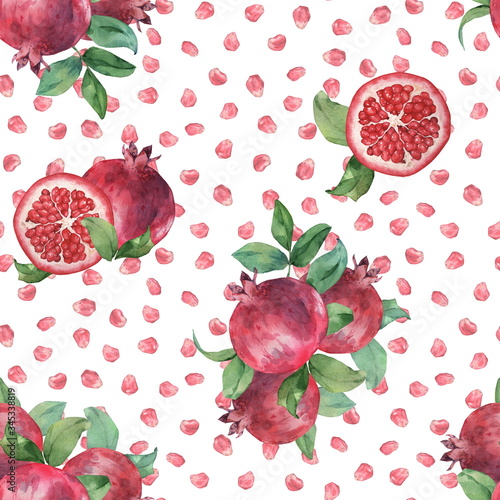 Pomegranate seeds on white background. Seamless pattern. Watercolor painting