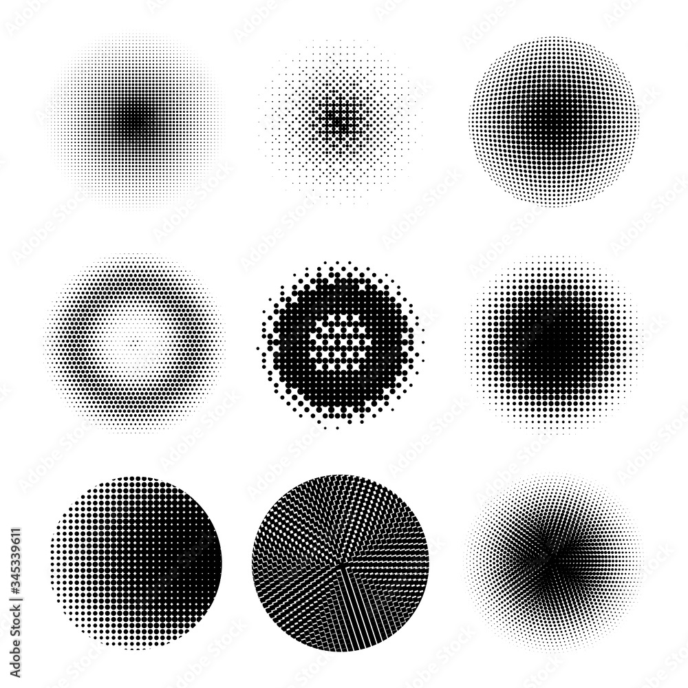 Set of Different Halftone Circles. Set of Dots. Dotted Texture on White Background. Overlay Grunge Template. Distress Linear Design. Fade Monochrome Points. Pop Art Backdrop.