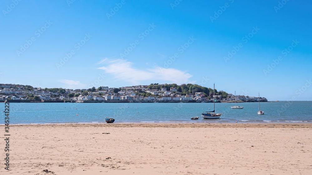 Panorama of the north Devon seaside town of Appledore viewed across the estuary from Instow. May 2020.