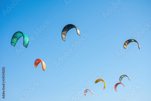 Colorful kites in Loutsa Greece on a sunny summer day, horizontal