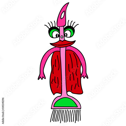 Red broom with lips and in a raincoat is ready to save the house from dust.