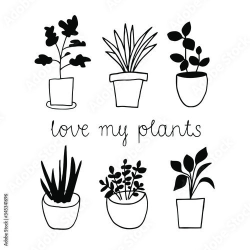 Set of hand drawn vectors of house plants in pots on white background. Love my plants lettering