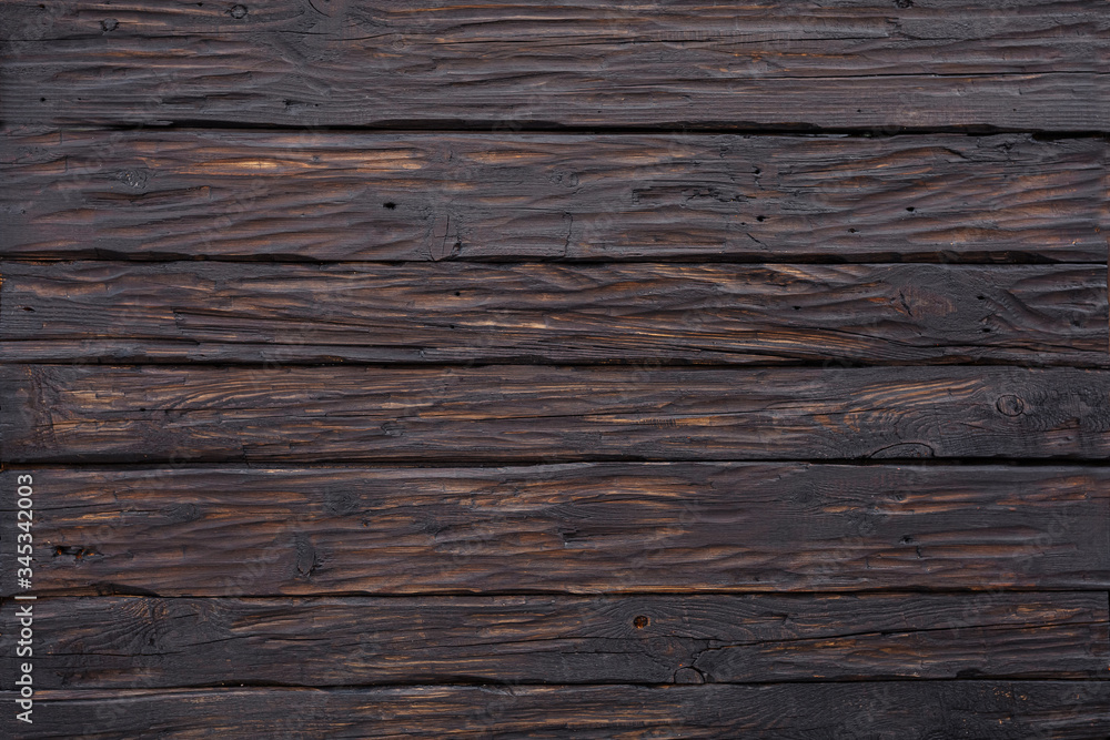 Fototapeta premium The texture of natural wood real processed for background. Copy space, banner. Dark brown wood
