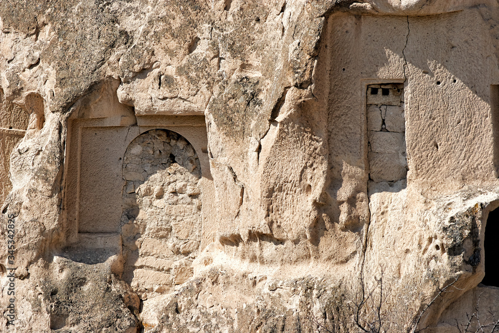 Ruins of ancient cave dwellings in Cappadocia, Turkey.