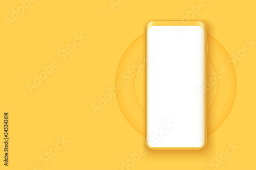 Smartphone layout presentation mockup in yellow color. Example frameless model mobile phone with touchscreen on circle. Project application mockup. Vector Illustration