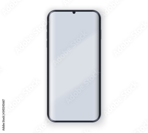 Smartphone layout presentation mockup in yellow color. Example frameless model mobile phone with touchscreen on white circle. Project application mockup. Vector Illustration