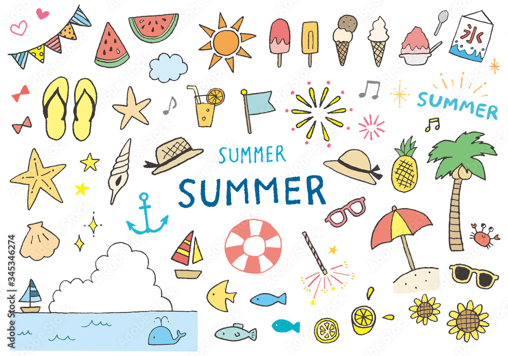夏の手描きイラスト素材セット(カラー) 夏の手描きイラスト素材セット(カラー)