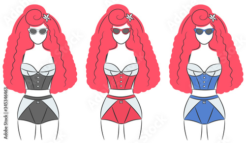Pin Up Girl In Swimsuit and Sunglasses. Vector Fashion Illustration. Sketched Vintage Looking Female With Red Curled Hair in Sexy Underwear