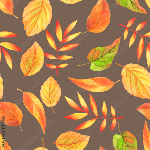 watercolor illustration, seamless pattern, autumn leaves , wallpaper and fabric ornament, wrapping paper, © Halyna