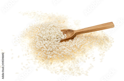Scoop and rice isolated on white background