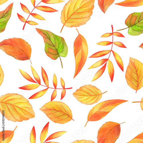 watercolor illustration, seamless pattern, autumn leaves , wallpaper and fabric ornament, wrapping paper,
