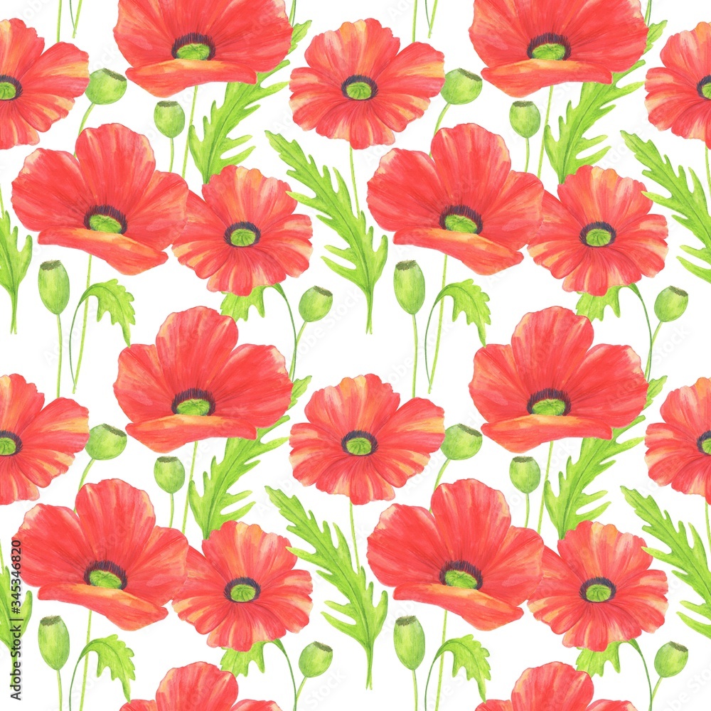 watercolor illustration, seamless pattern, floral background for design, poppies in red, ornament for wallpaper