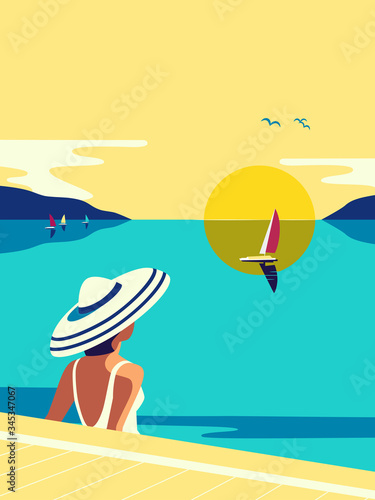 Girl sitting in water enjoys seaside sunset vector