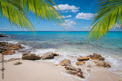Fototapeta Naklejka Na Ścianę i Meble -  Tropical white sandy beach with rocks and palm trees, Sint Maarten, Caribbean.